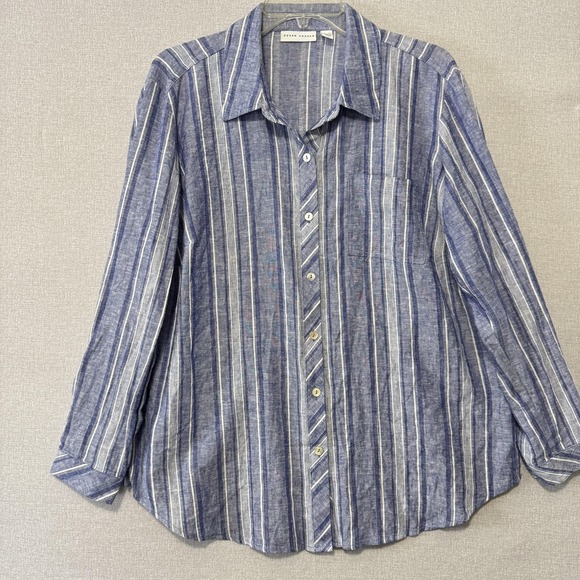 Susan Graver Tops - Susan Graver Shirt Womens Petite Large Blue Stripe Linen Button Long Sleeve